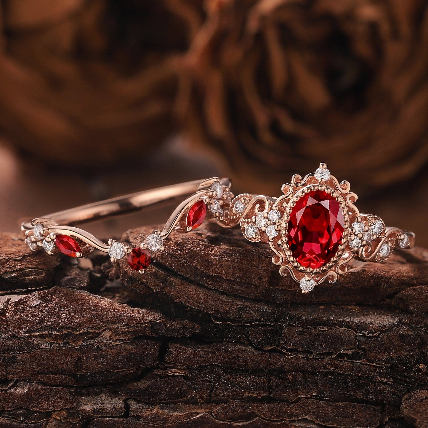 Unique Oval Cut Ruby Engagement Ring Set Solid Gold Floral RingRing Art Deco Leaf Ring Set Moissanite Ring Cluster Ring Promise Ring For Her - anerjuly