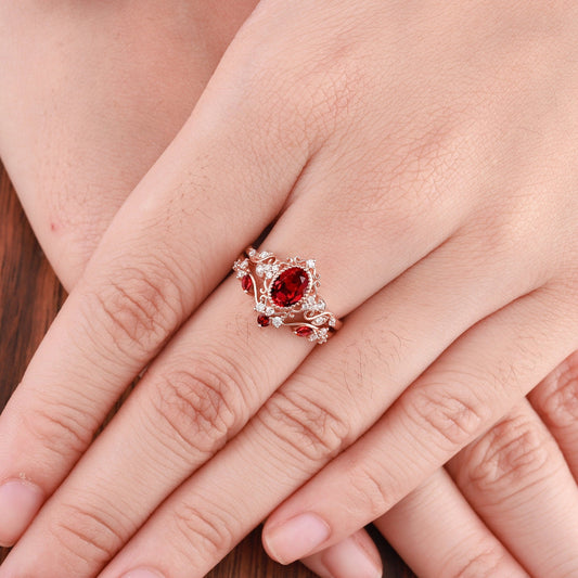 Unique Oval Cut Ruby Engagement Ring Set Solid Gold Floral RingRing Art Deco Leaf Ring Set Moissanite Ring Cluster Ring Promise Ring For Her - anerjuly