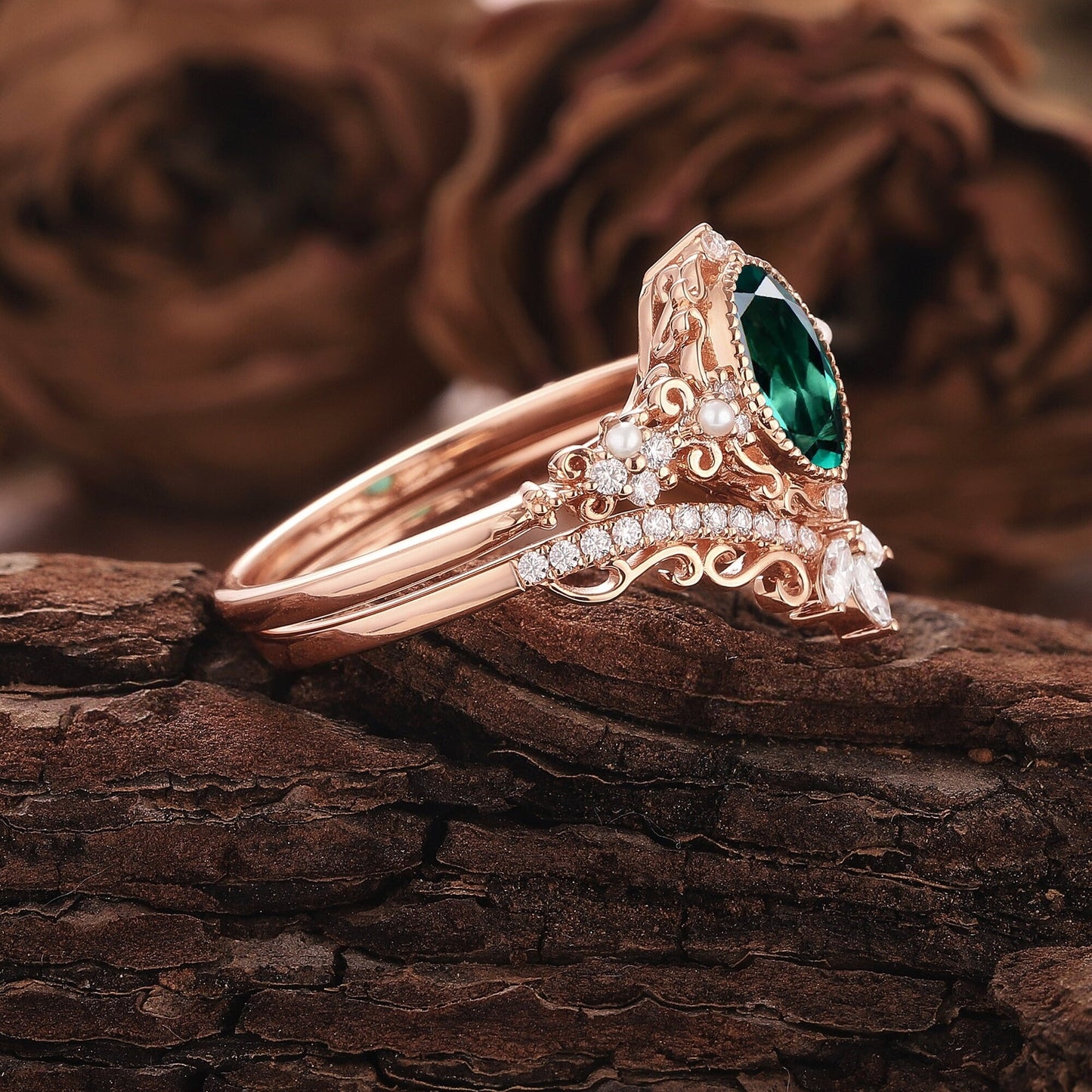 Unique Oval Emerald Engagement Ring Set Rose Gold Art Deco Emerald Bridal Set Vintage Pearl Ring Cluster Diamond Moissanite Rings For Women - anerjuly