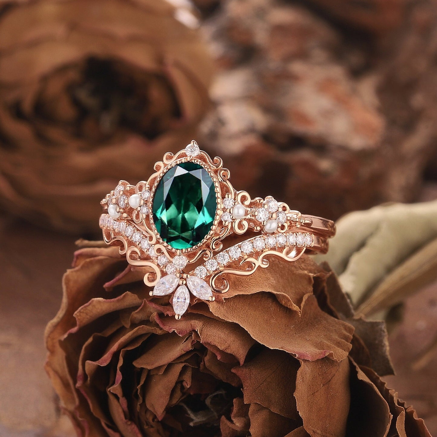 Unique Oval Emerald Engagement Ring Set Rose Gold Art Deco Emerald Bridal Set Vintage Pearl Ring Cluster Diamond Moissanite Rings For Women - anerjuly