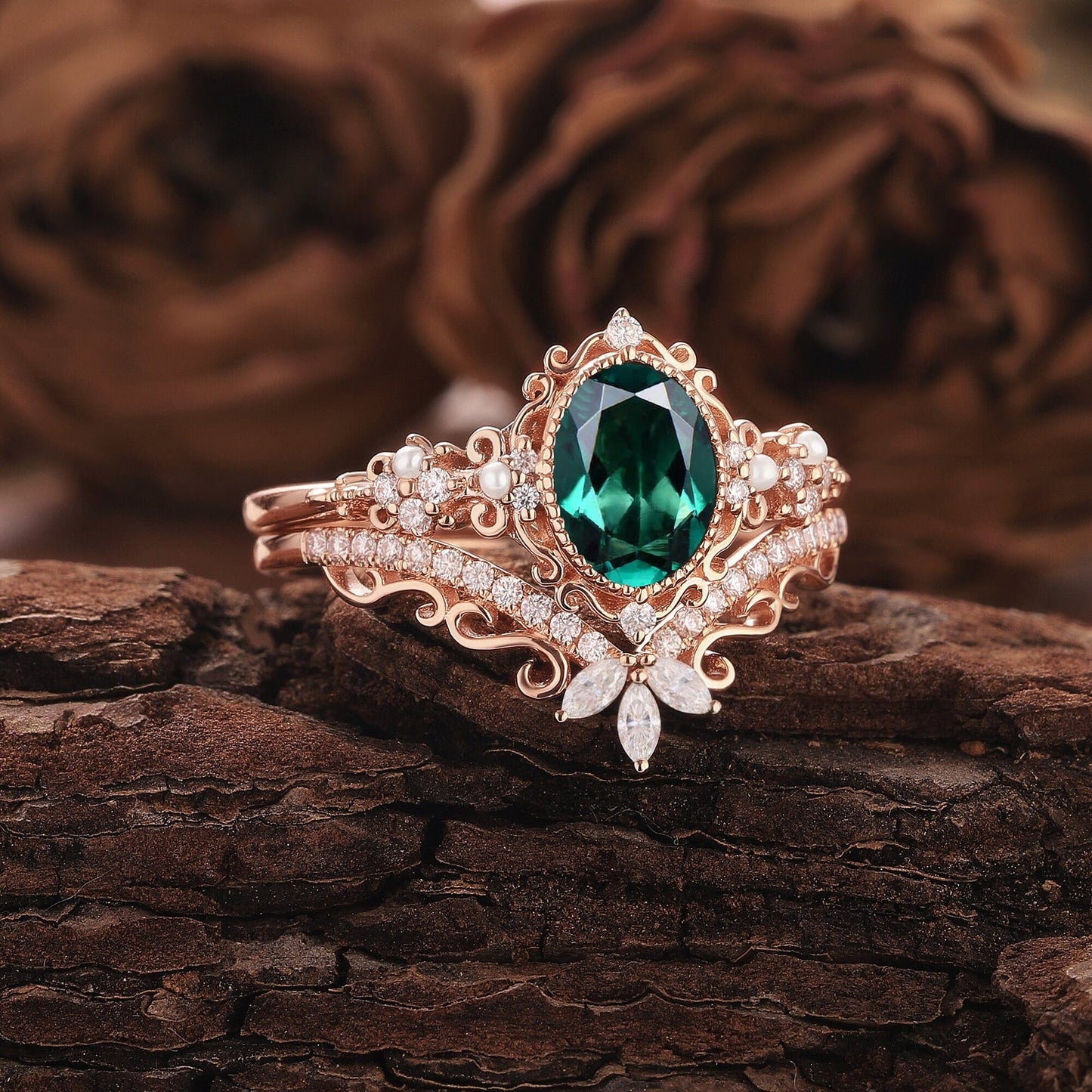 Unique Oval Emerald Engagement Ring Set Rose Gold Art Deco Emerald Bridal Set Vintage Pearl Ring Cluster Diamond Moissanite Rings For Women - anerjuly