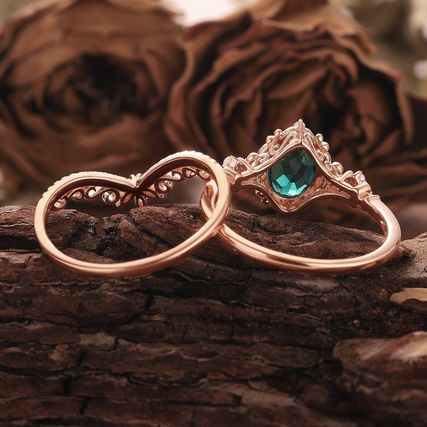 Unique Oval Emerald Engagement Ring Set Rose Gold Art Deco Emerald Bridal Set Vintage Pearl Ring Cluster Diamond Moissanite Rings For Women - anerjuly