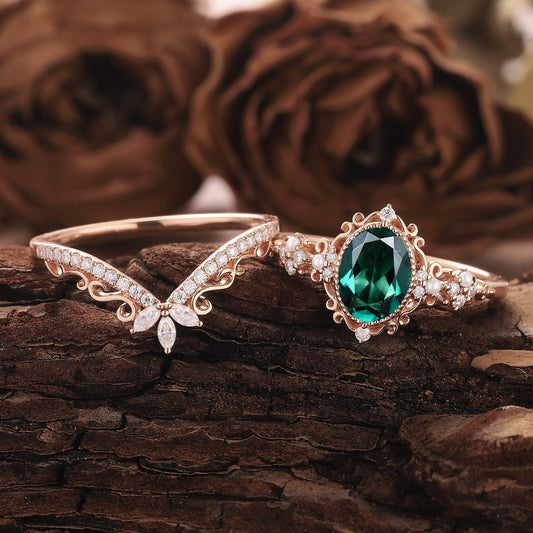 Unique Oval Emerald Engagement Ring Set Rose Gold Art Deco Emerald Bridal Set Vintage Pearl Ring Cluster Diamond Moissanite Rings For Women - anerjuly