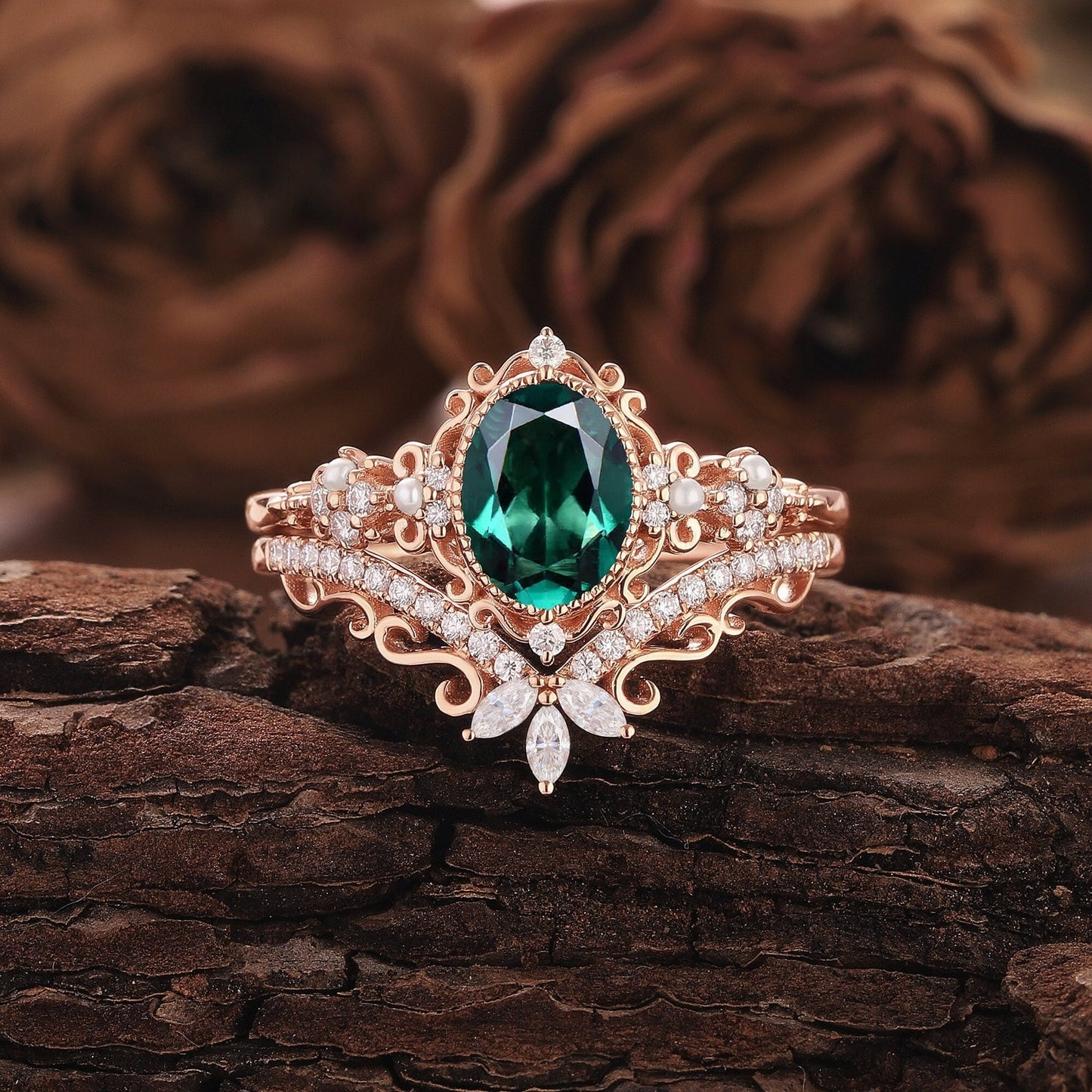 Unique Oval Emerald Engagement Ring Set Rose Gold Art Deco Emerald Bridal Set Vintage Pearl Ring Cluster Diamond Moissanite Rings For Women - anerjuly