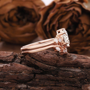 Unique Oval Moissanite Engagement Ring Set Rose Gold Moissanite Bridal Set Ring - anerjuly
