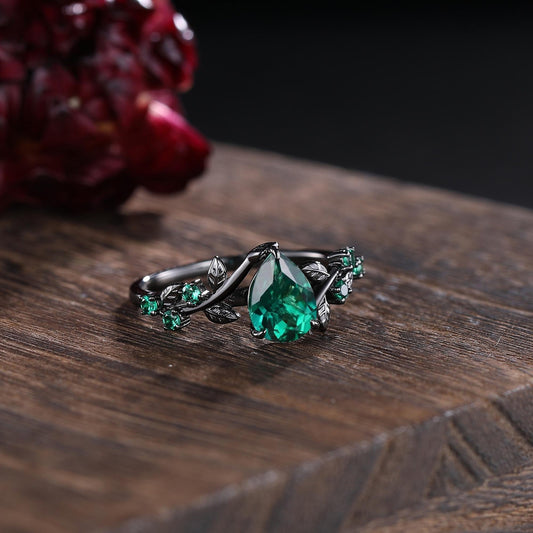 Unique Pear Emerald Couple Rings Gothic Black Gold His&Her Emerald Matching Wedding Band Men's Tungsten Ring Leaf Design Engagement Ring - anerjuly