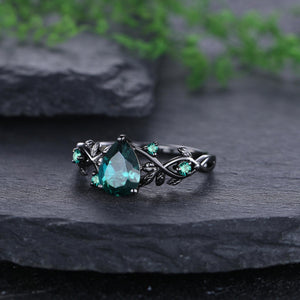 Unique Pear Emerald Couple Rings Gothic Black Gold His&Her Emerald Matching Wedding Band Men's Tungsten Ring Leaf Design Engagement Ring - anerjuly