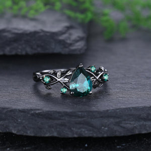Unique Pear Emerald Couple Rings Gothic Black Gold His&Her Emerald Matching Wedding Band Men's Tungsten Ring Leaf Design Engagement Ring - anerjuly