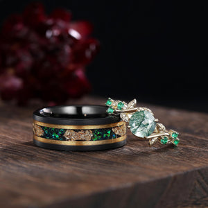 Unique Round Moss Agate Couple Ring His&Hers Matching Wedding Ring Set Men's Tungsten Band Leaf Design Bridal Promise Ring Engagement Ring - anerjuly