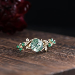 Unique Round Moss Agate Couple Ring His&Hers Matching Wedding Ring Set Men's Tungsten Band Leaf Design Bridal Promise Ring Engagement Ring - anerjuly