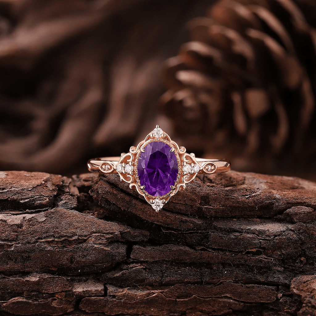 Vintage Amethyst Art Deco Couple Ring Set His and Her Wedding Band Ring matching rings - anerjuly