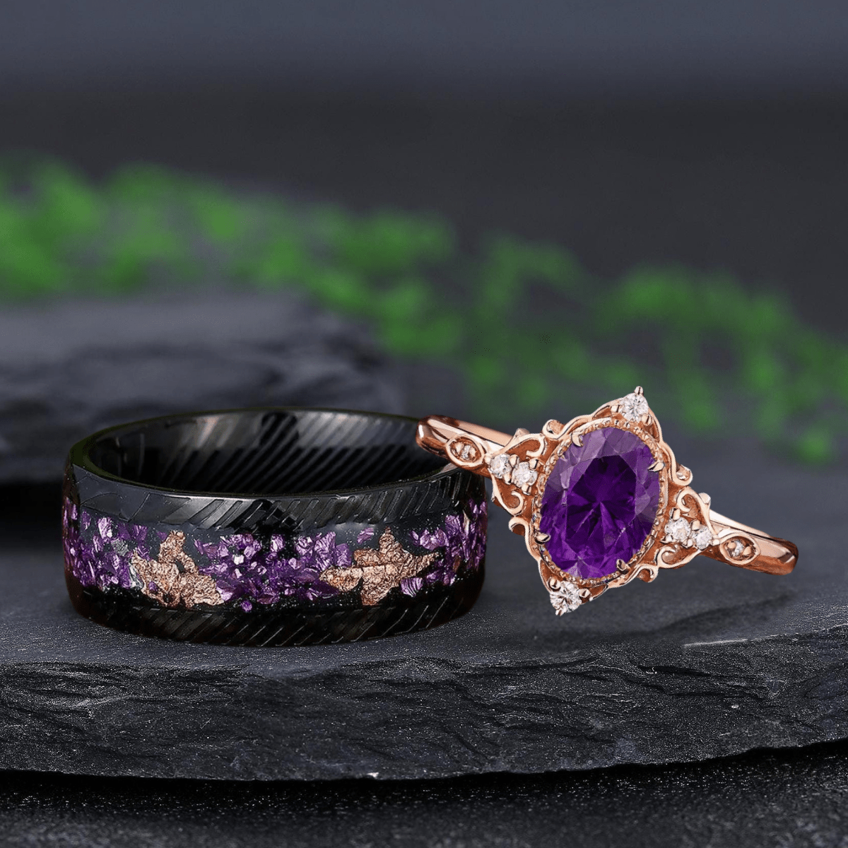Vintage Amethyst Art Deco Couple Ring Set His and Her Wedding Band Ring matching rings - anerjuly