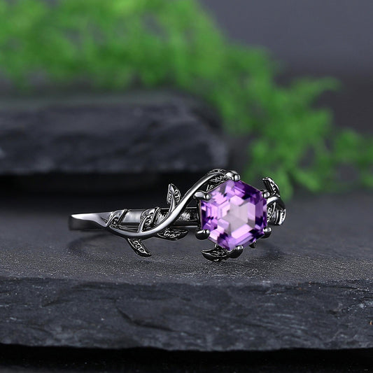 Vintage Amethyst Couple Rings Set His and Hers Matching Ring Set Nature Inspired Leaf Wedding Ring Set Amethyst Bridal Set Gifts for Her - anerjuly