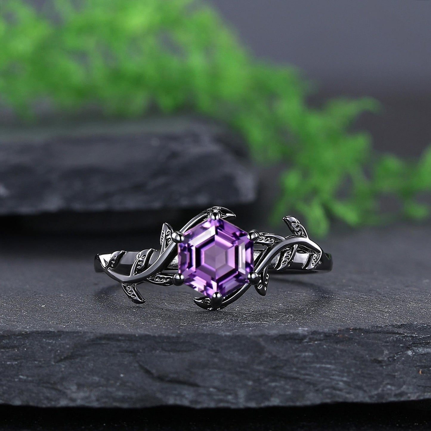 Vintage Amethyst Couple Rings Set His and Hers Matching Ring Set Nature Inspired Leaf Wedding Ring Set Amethyst Bridal Set Gifts for Her - anerjuly