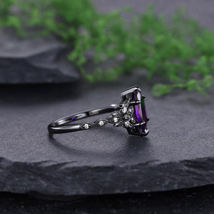 Vintage Amethyst Engagement Ring Set Leaf Floral Nature Inspired Promise Ring - anerjuly