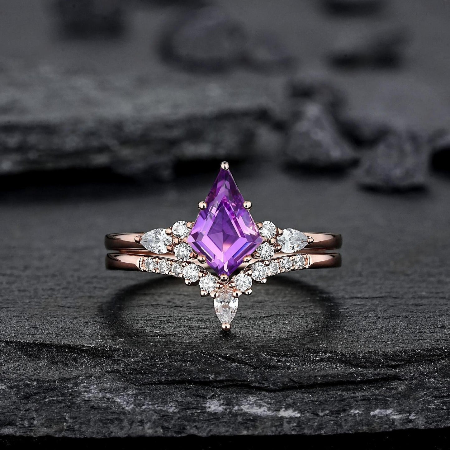 Vintage Amethyst Engagement Ring Set Leaf Floral Nature Inspired Purple Gemstone Promise Ring - anerjuly