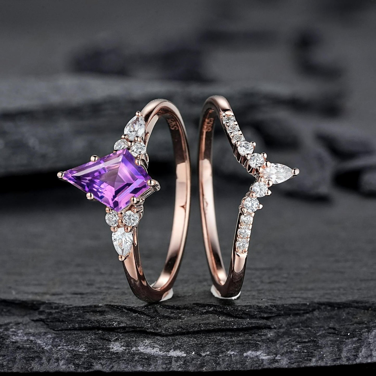 Vintage Amethyst Engagement Ring Set Leaf Floral Nature Inspired Purple Gemstone Promise Ring - anerjuly