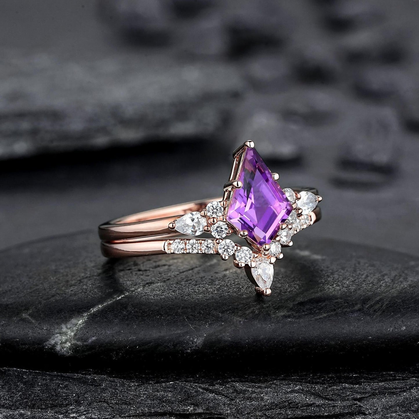 Vintage Amethyst Engagement Ring Set Leaf Floral Nature Inspired Purple Gemstone Promise Ring - anerjuly