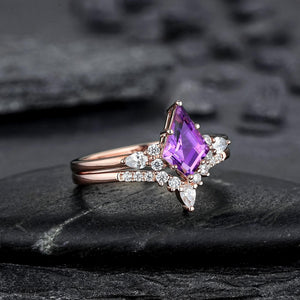 Vintage Amethyst Engagement Ring Set Leaf Floral Nature Inspired Purple Gemstone Promise Ring - anerjuly