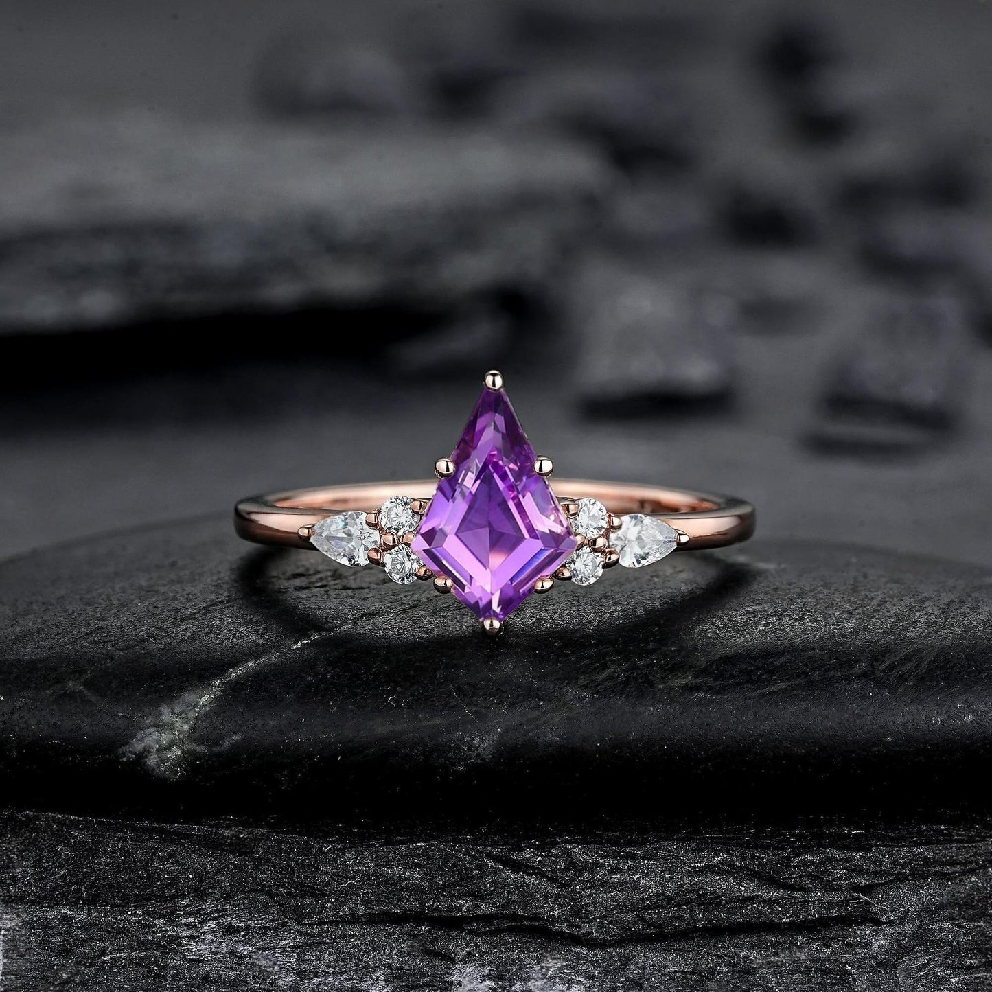 Vintage Amethyst Engagement Ring Set Leaf Floral Nature Inspired Purple Gemstone Promise Ring - anerjuly