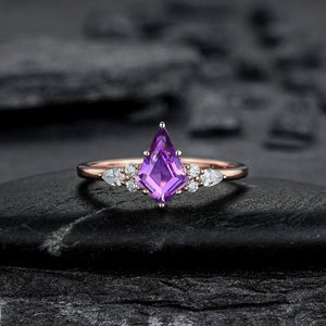 Vintage Amethyst Engagement Ring Set Leaf Floral Nature Inspired Purple Gemstone Promise Ring - anerjuly
