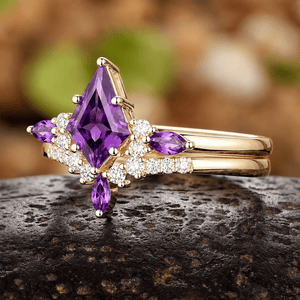 Vintage Amethyst Engagement Ring Set Leaf Floral Nature Inspired Purple Gemstone Promise Ring - anerjuly
