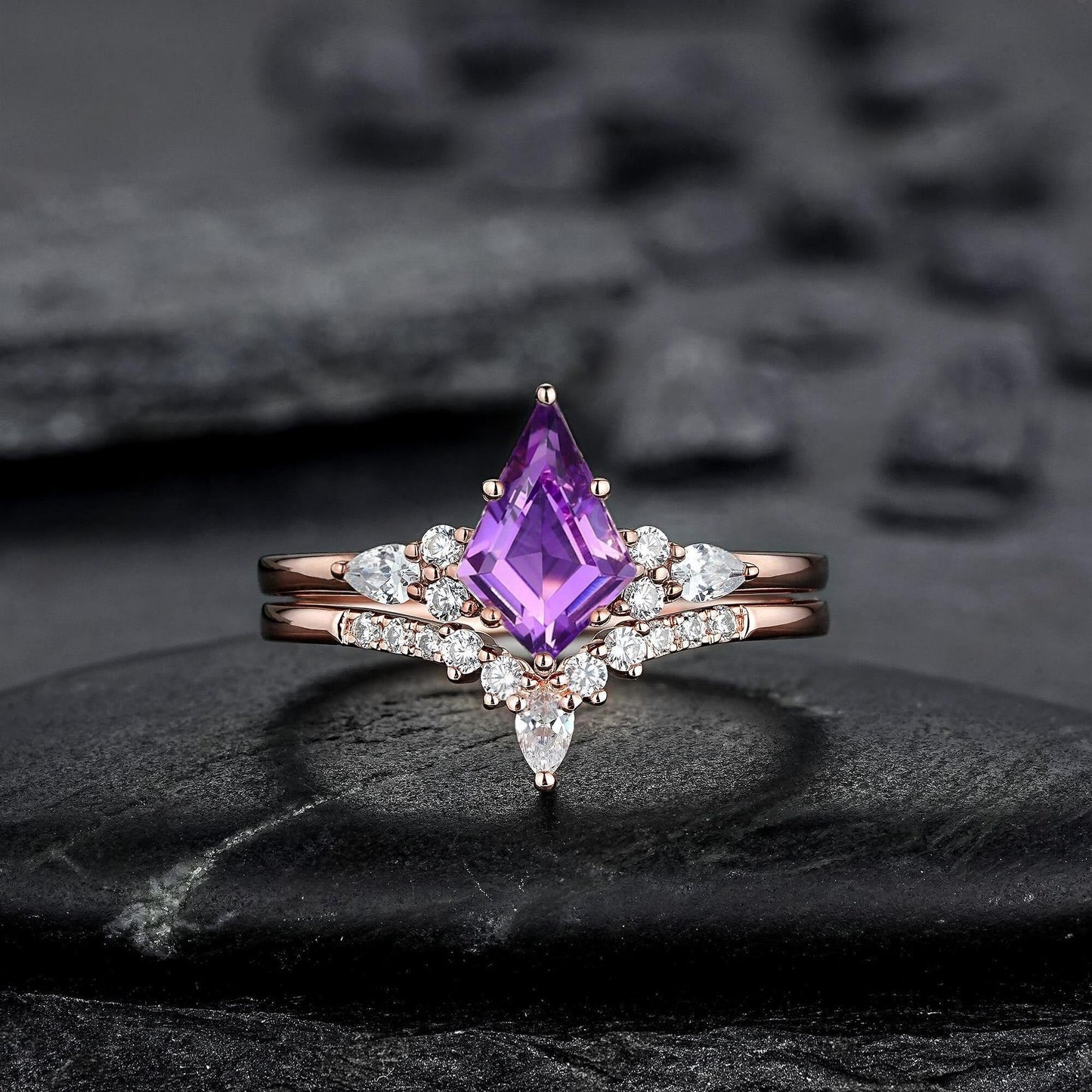 Vintage Amethyst Engagement Ring Set Leaf Floral Nature Inspired Purple Gemstone Promise Ring - anerjuly