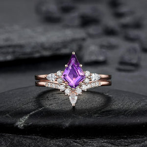 Vintage Amethyst Engagement Ring Set Leaf Floral Nature Inspired Purple Gemstone Promise Ring - anerjuly