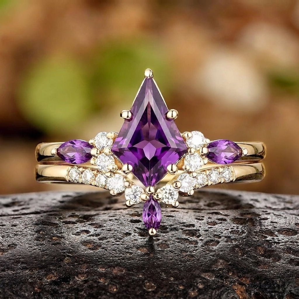 Vintage Amethyst Engagement Ring Set Leaf Floral Nature Inspired Purple Gemstone Promise Ring - anerjuly