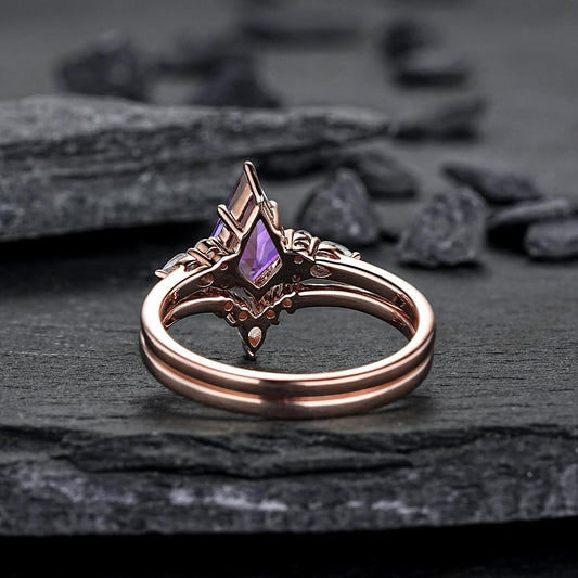 Vintage Amethyst Engagement Ring Set Leaf Floral Nature Inspired Purple Gemstone Promise Ring - anerjuly