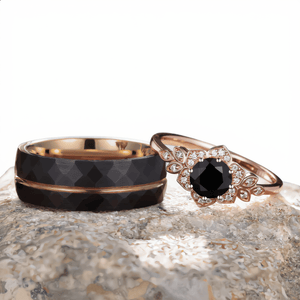 Vintage Black Onyx Couple Ring His&Her Matching Wedding Band Black Onyx Engagement Ring Black Onyx and Men's Tungsten Ring Bridal Ring Set - anerjuly