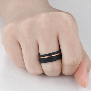 Vintage Black Onyx Couple Ring Set Rose Gold Black Tungsten Wedding Band for His and Her Promise Ring - anerjuly