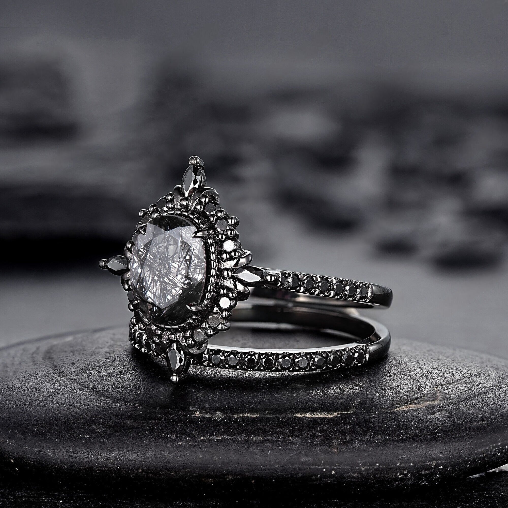 Vintage Black Rutilated Quartz Engagement Ring Set Leaf Floral Vine Twig Branch Nature Inspired Wedding Ring Milgrain Celtic Knot Ring Gift - anerjuly