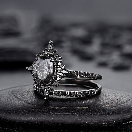 Vintage Black Rutilated Quartz Engagement Ring Set Leaf Floral Vine Twig Branch Nature Inspired Wedding Ring Milgrain Celtic Knot Ring Gift - anerjuly
