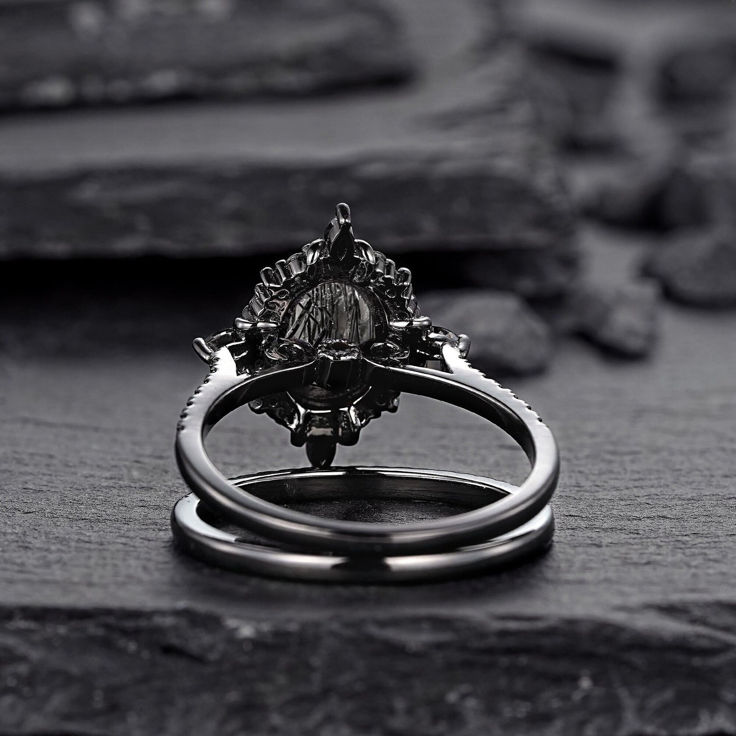 Vintage Black Rutilated Quartz Engagement Ring Set Leaf Floral Vine Twig Branch Nature Inspired Wedding Ring Milgrain Celtic Knot Ring Gift - anerjuly