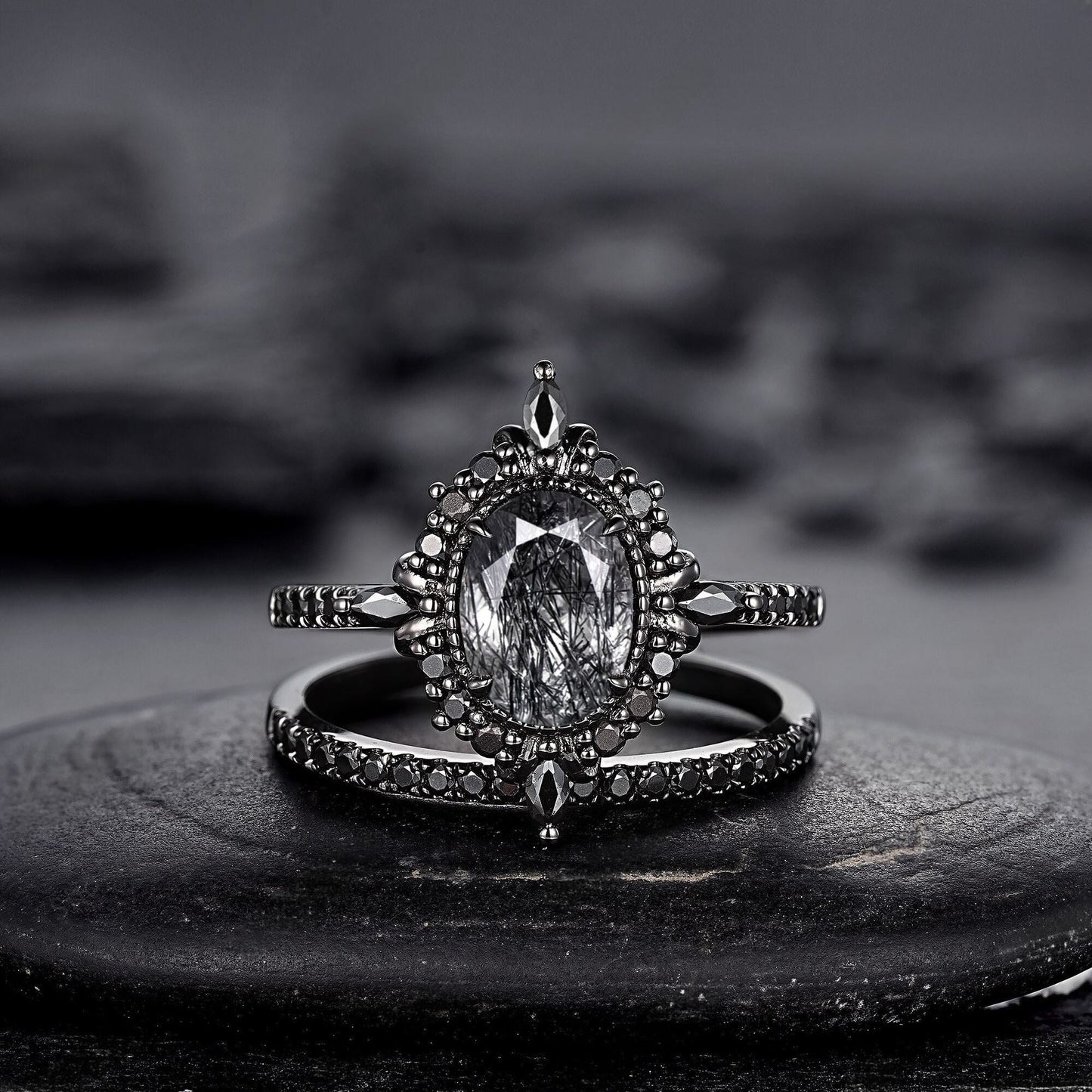 Vintage Black Rutilated Quartz Engagement Ring Set Leaf Floral Vine Twig Branch Nature Inspired Wedding Ring Milgrain Celtic Knot Ring Gift - anerjuly