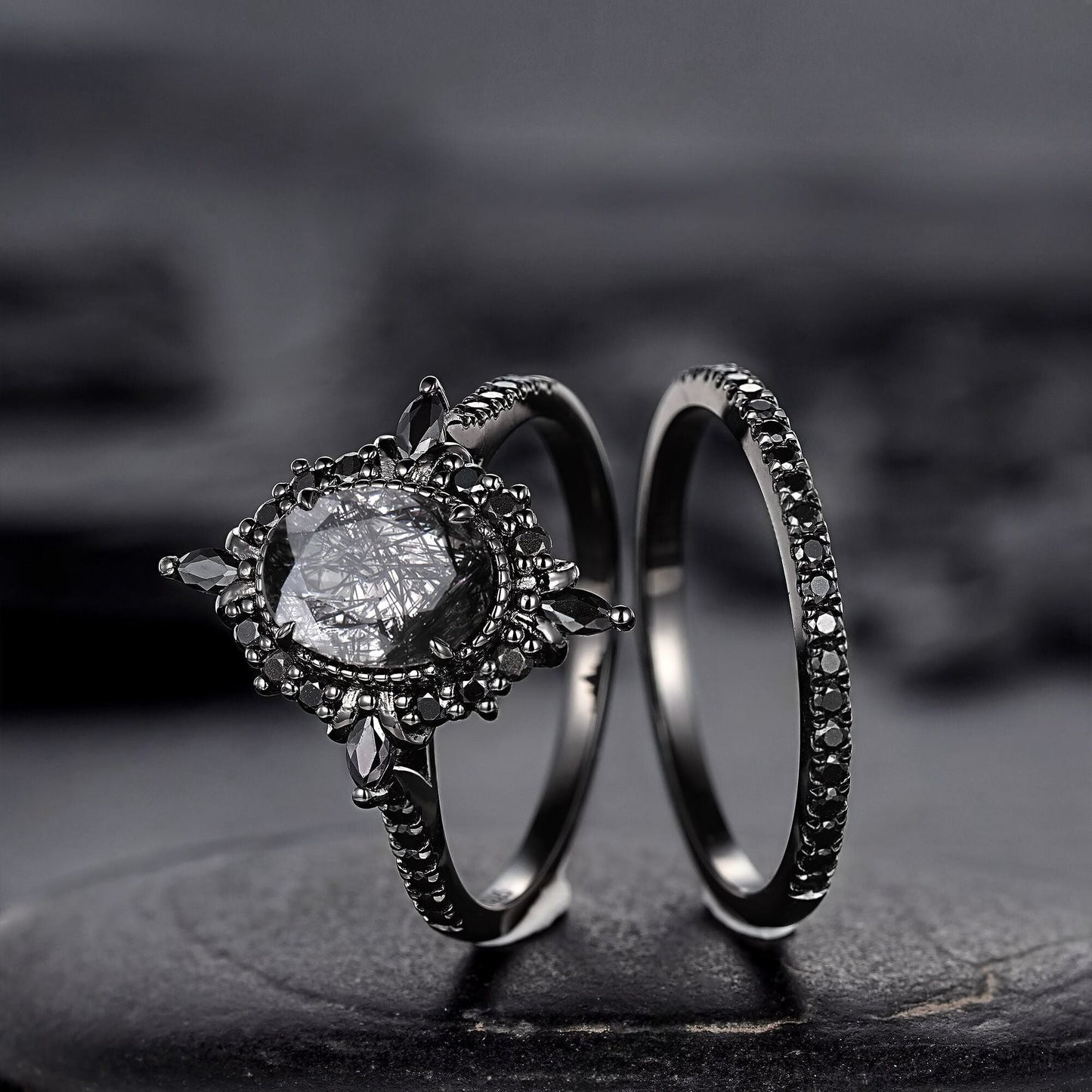 Vintage Black Rutilated Quartz Engagement Ring Set Leaf Floral Vine Twig Branch Nature Inspired Wedding Ring Milgrain Celtic Knot Ring Gift - anerjuly