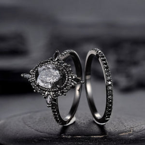 Vintage Black Rutilated Quartz Engagement Ring Set Leaf Floral Vine Twig Branch Nature Inspired Wedding Ring Milgrain Celtic Knot Ring Gift - anerjuly
