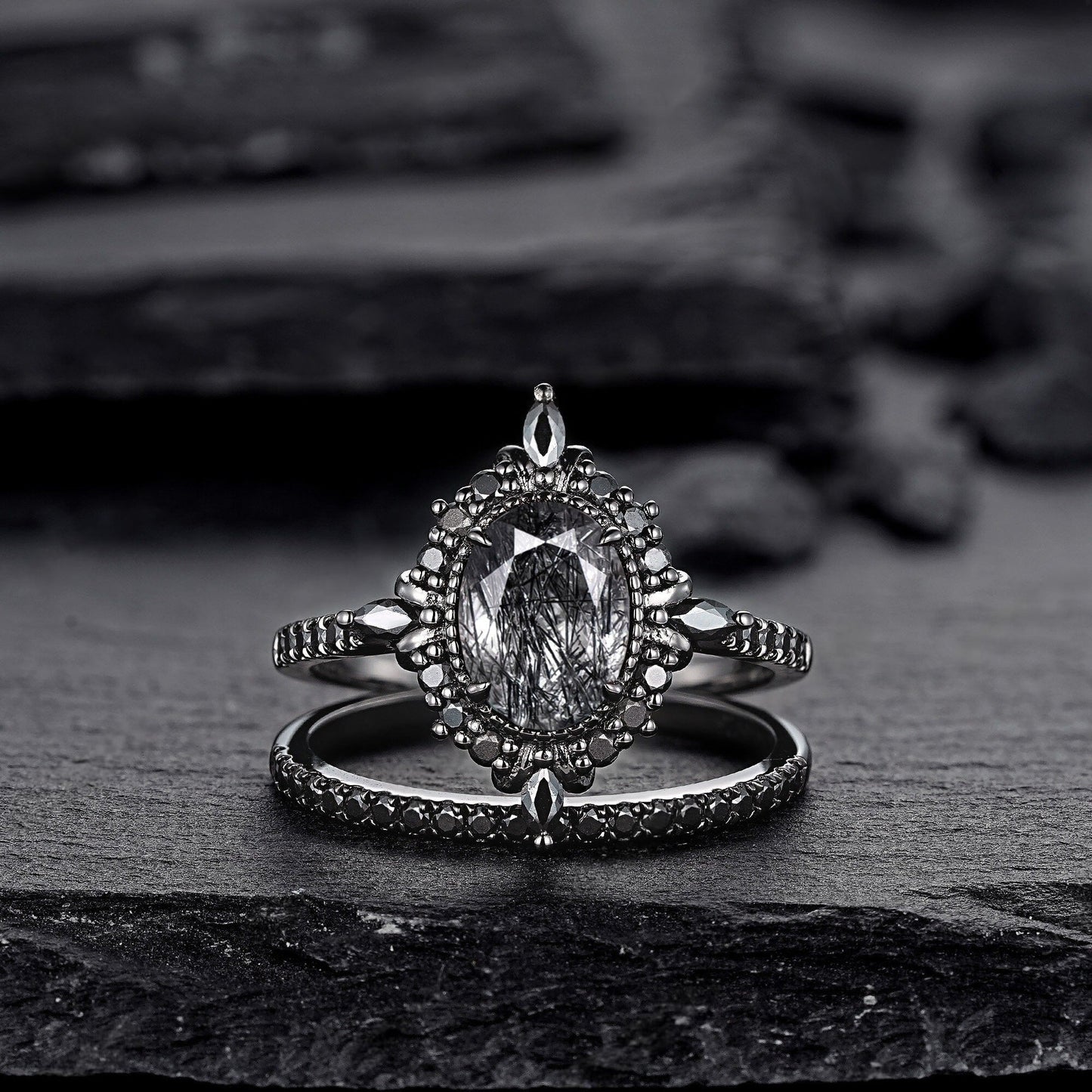 Vintage Black Rutilated Quartz Engagement Ring Set Leaf Floral Vine Twig Branch Nature Inspired Wedding Ring Milgrain Celtic Knot Ring Gift - anerjuly