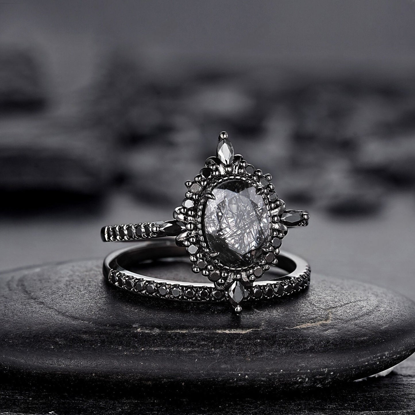 Vintage Black Rutilated Quartz Engagement Ring Set Leaf Floral Vine Twig Branch Nature Inspired Wedding Ring Milgrain Celtic Knot Ring Gift - anerjuly