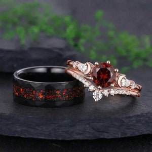 Vintage Cluster Round Cut White Moissanite and Hammered Black Tungsten Couple Ring Set with Crushed Red Ruby Inlay - anerjuly