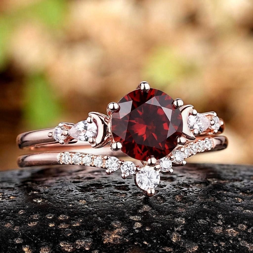 Vintage Cluster Round Red Garnet Bridal Ring Set - anerjuly