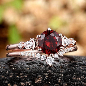 Vintage Cluster Round Red Garnet Bridal Ring Set - anerjuly