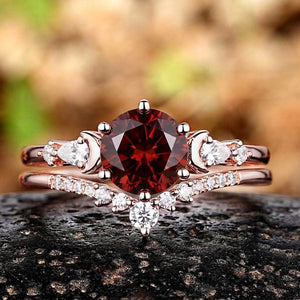Vintage Cluster Round Red Garnet Bridal Ring Set - anerjuly