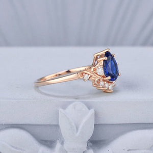 Vintage Floral Scroll Pear Blue Sapphire Engagement Ring - anerjuly
