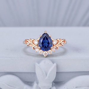 Her Ring - Vintage Floral Scroll Pear Blue Sapphire Engagement Ring