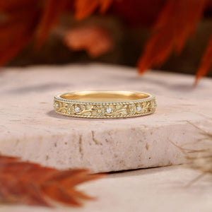 Vintage Floral Scroll Stone Accent Wedding Band - anerjuly