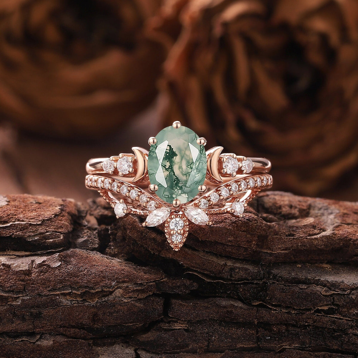 Vintage Green Moss Agate Engagement Ring Set Milgrain Green Gemstone Butterfly Ring Art Deco 2pcs Bridal Ring Set - anerjuly