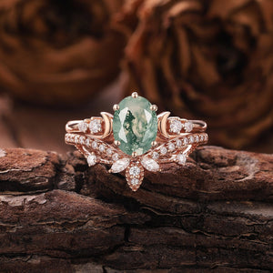 Vintage Green Moss Agate Engagement Ring Set Milgrain Green Gemstone Butterfly Ring Art Deco 2pcs Bridal Ring Set - anerjuly