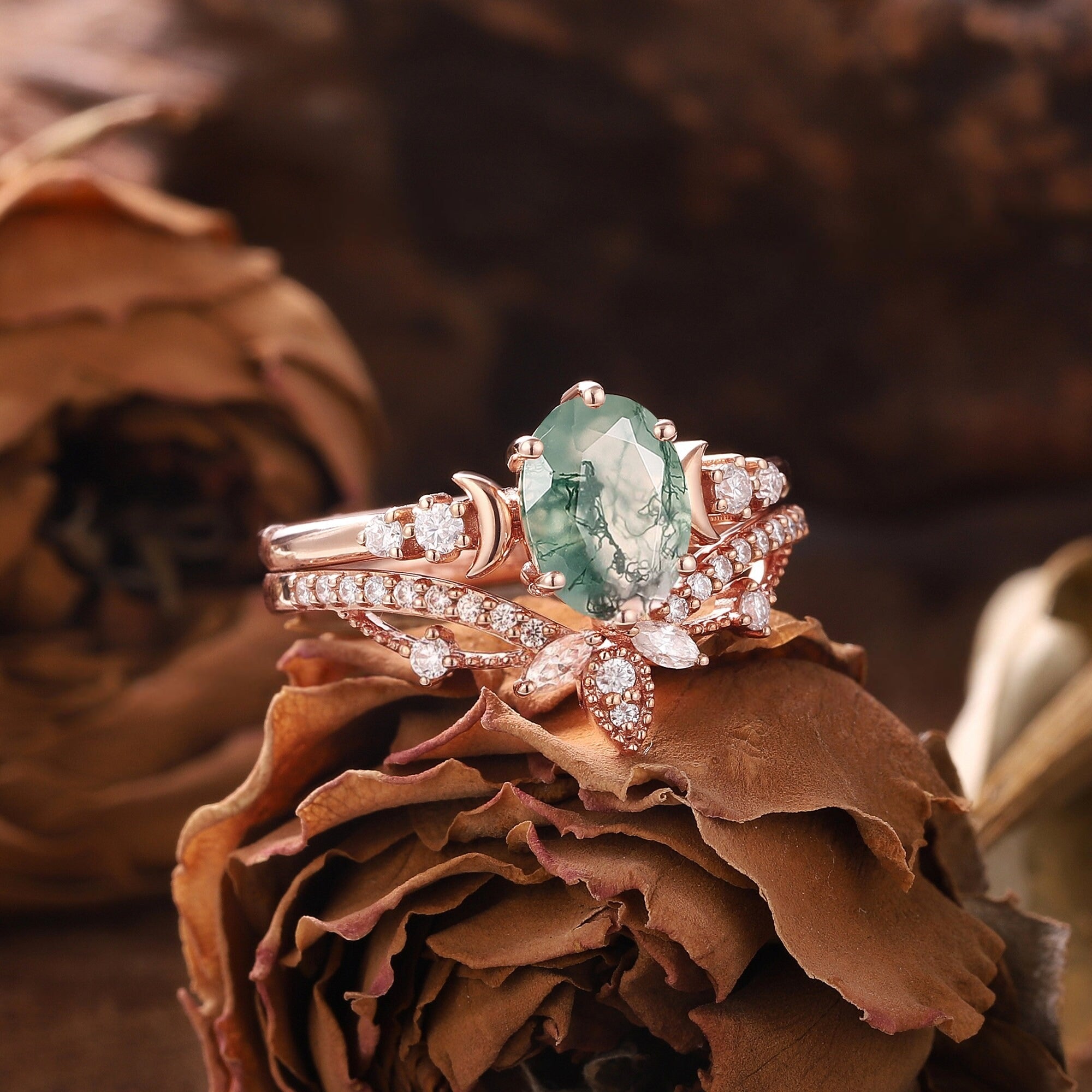 Vintage Green Moss Agate Engagement Ring Set Milgrain Green Gemstone Butterfly Ring Art Deco 2pcs Bridal Ring Set - anerjuly